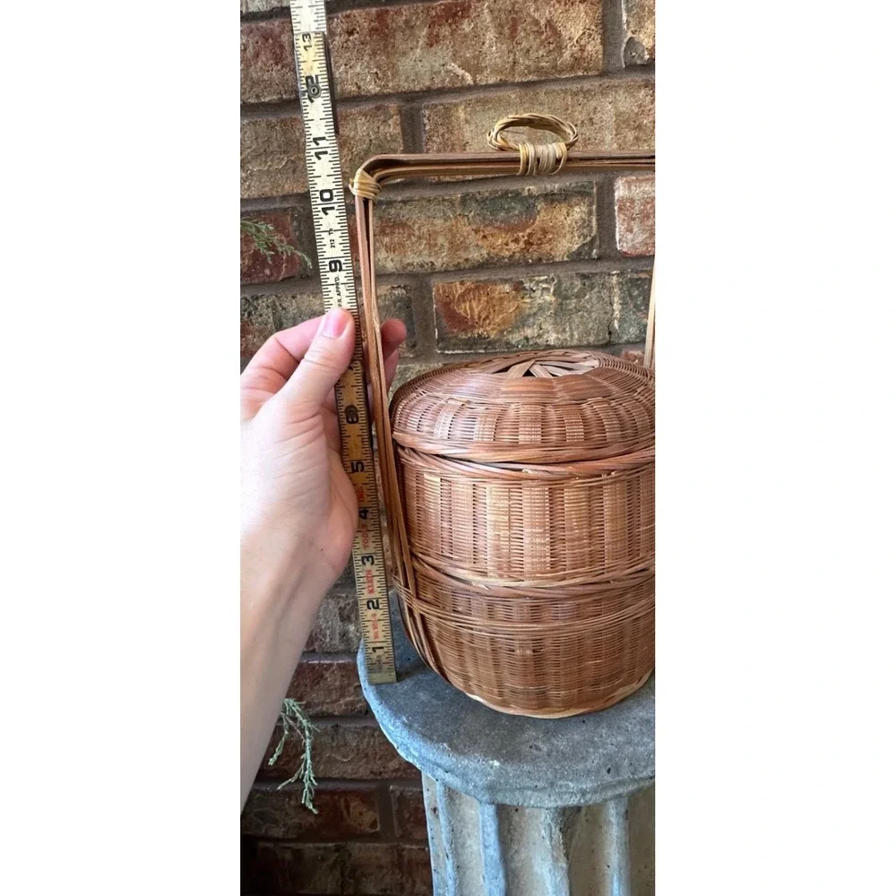 Vintage Woven Bamboo 2 Tier Wedding Basket Picnic Carrier with Handle Brown